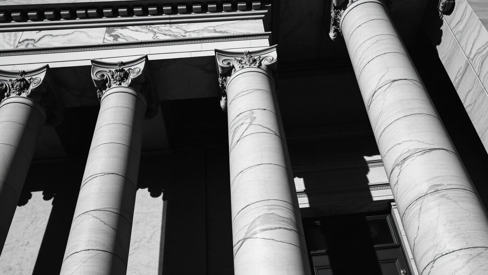 Classical courthouse columns in monochrome