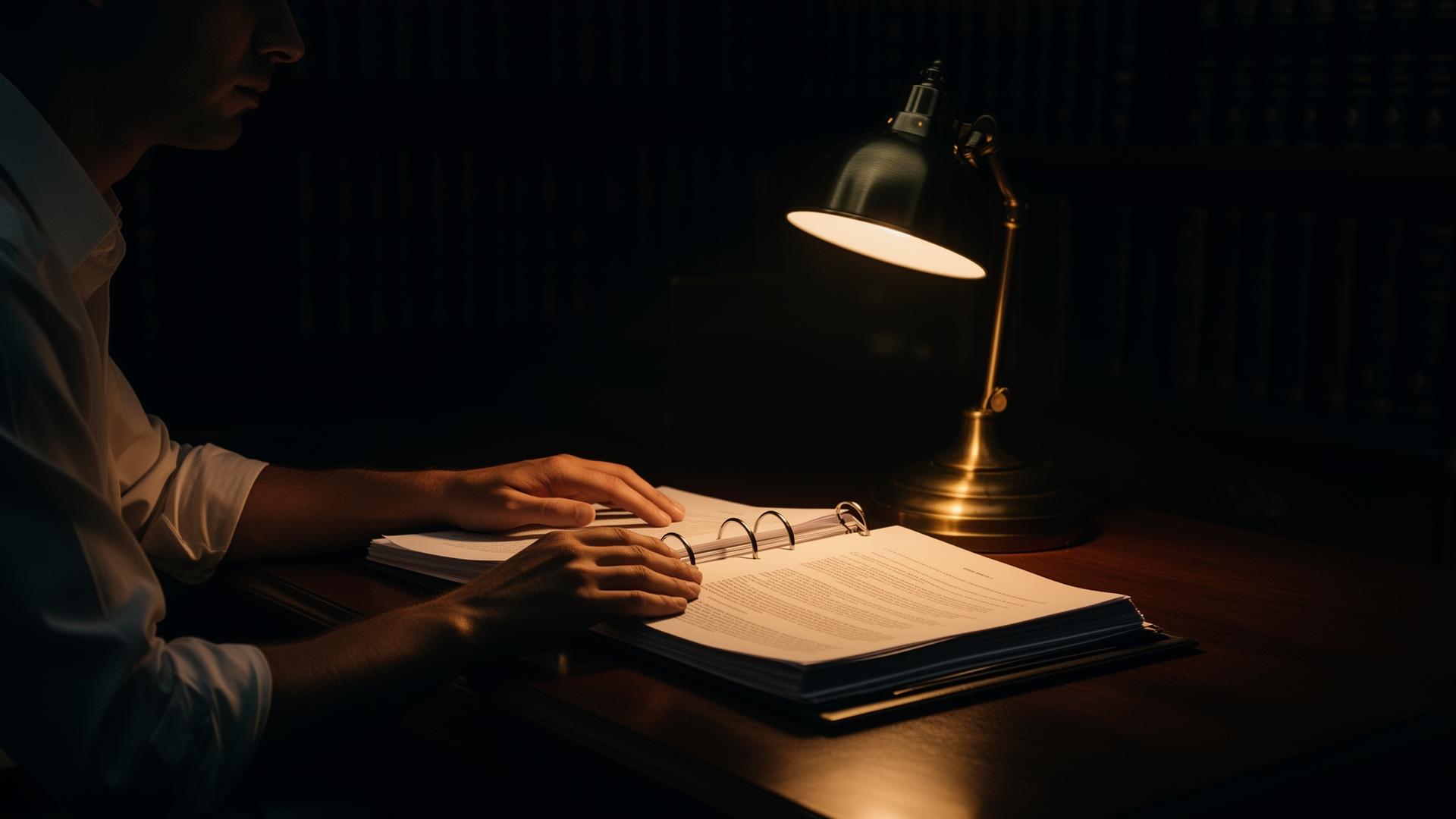 Attorney reviewing case documents under a desk lamp late at night