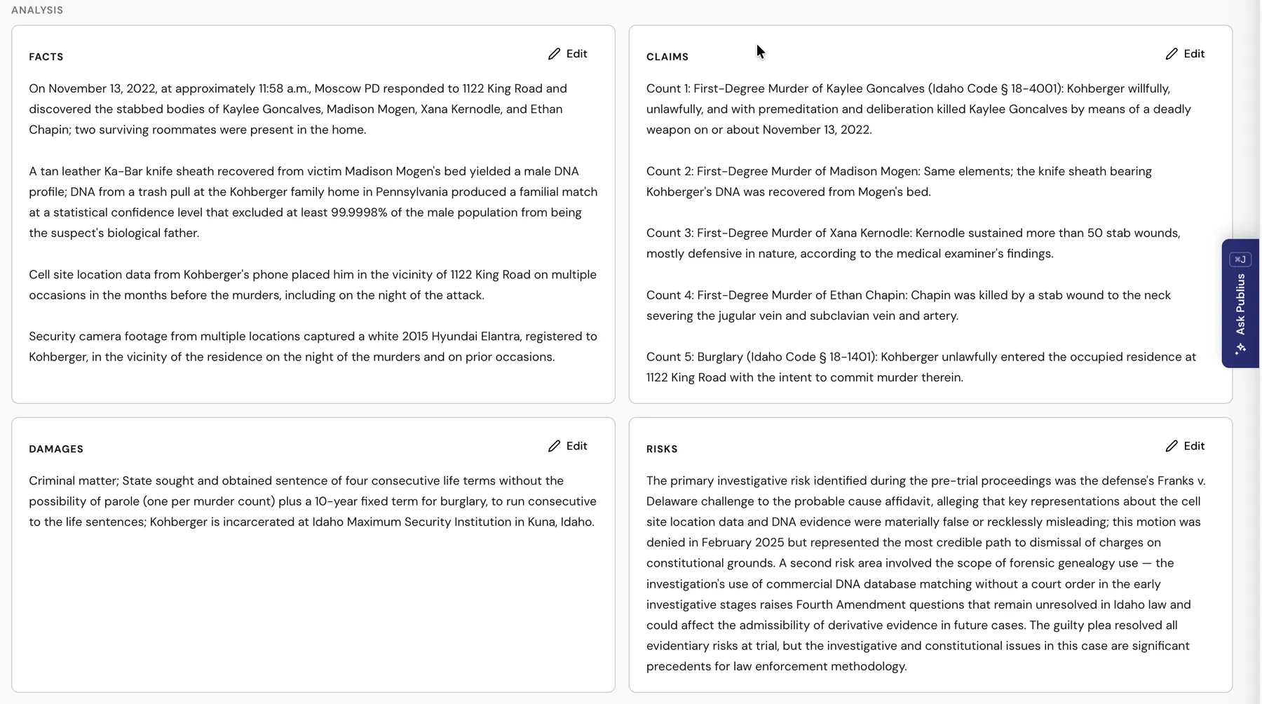 Publius case Analysis: facts, claims, damages and risks cards for a matter