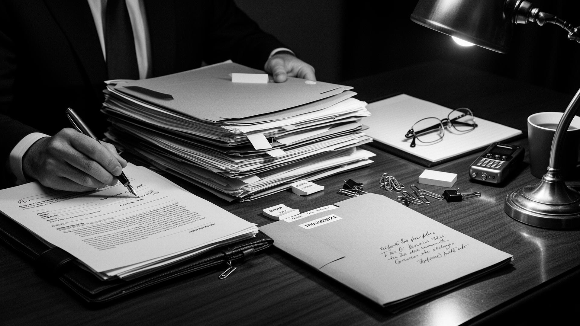 Stacks of legal documents in an office