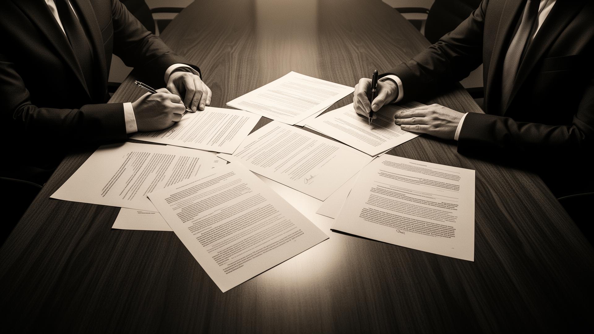 Overhead view of attorneys reviewing documents at a conference table