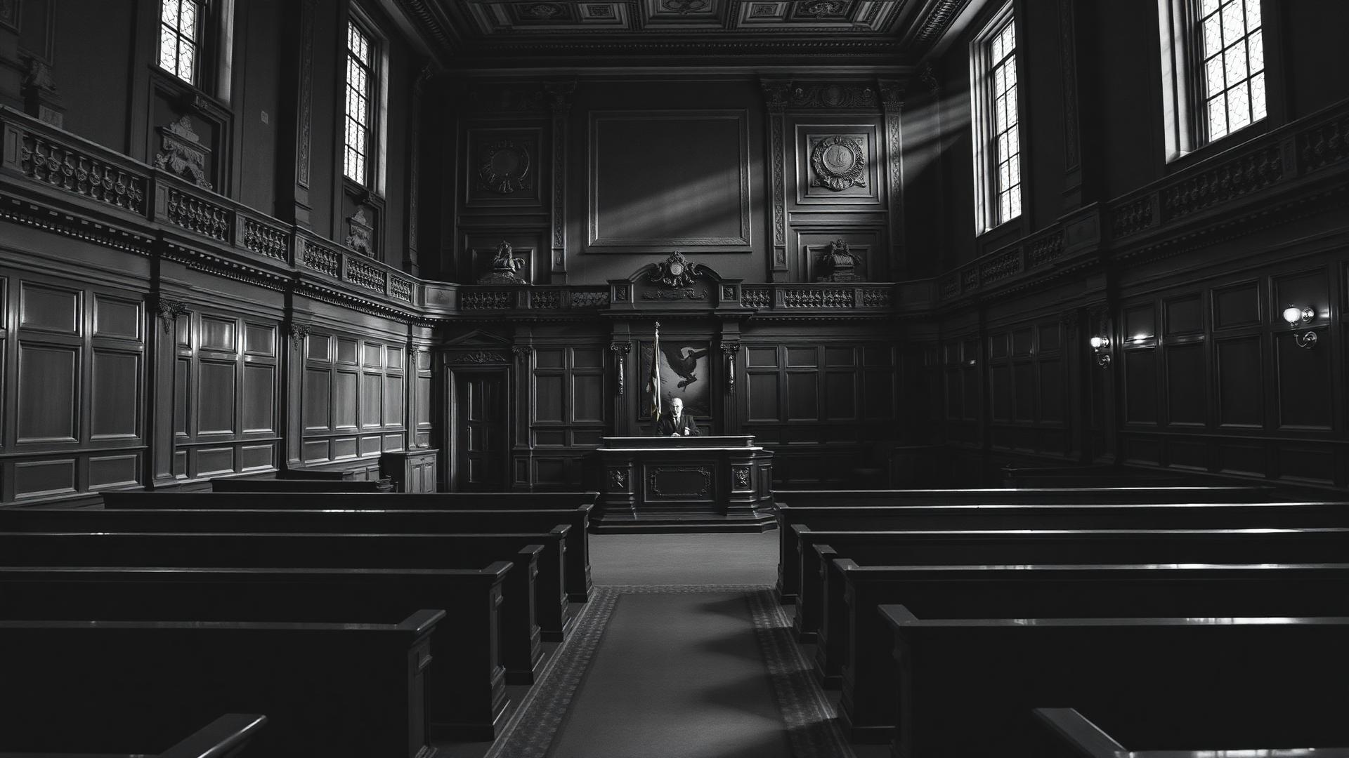 Historic empty courtroom with light through tall windows