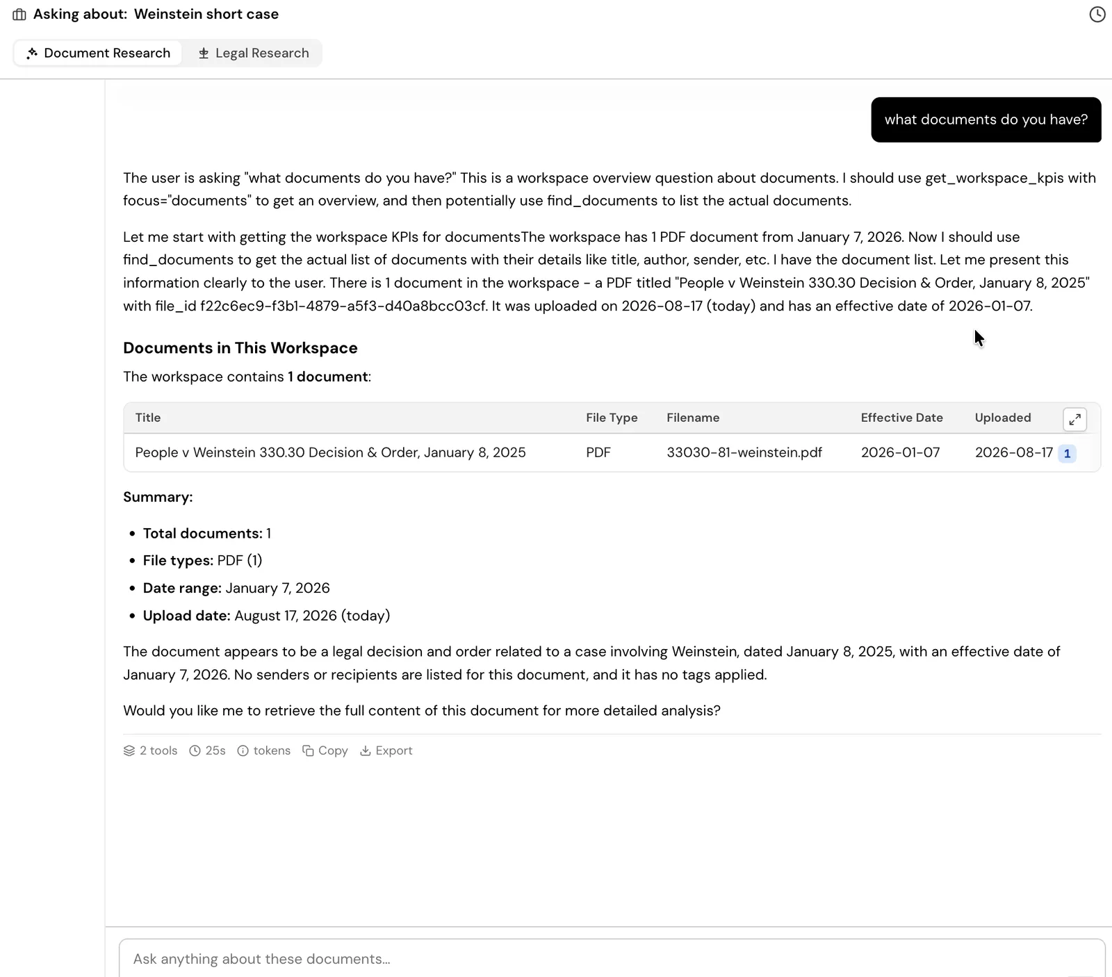 Ask Publius answering a question about which documents are in the matter, with a summary table