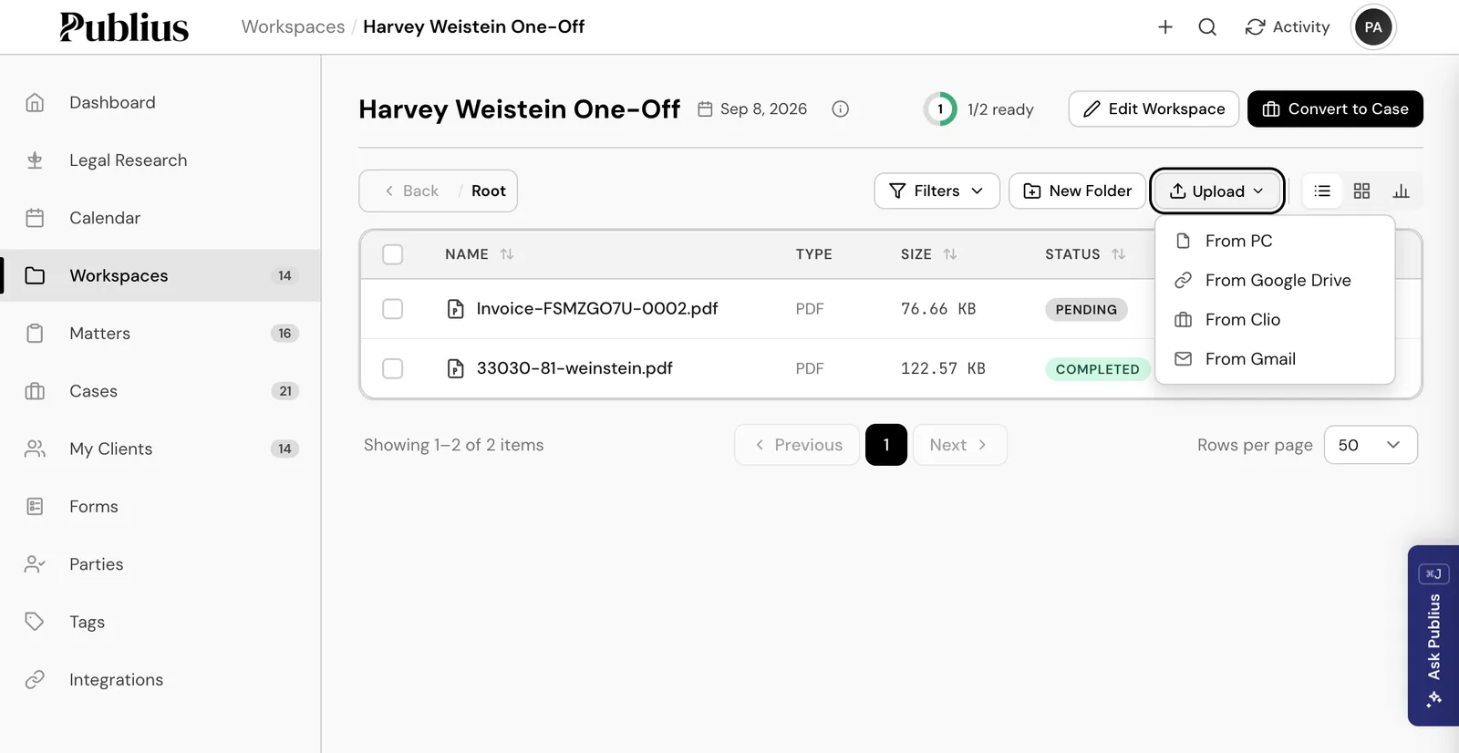 Publius workspace with an Upload menu offering PC, Google Drive, Clio and Gmail, and a list of uploaded documents with processing status