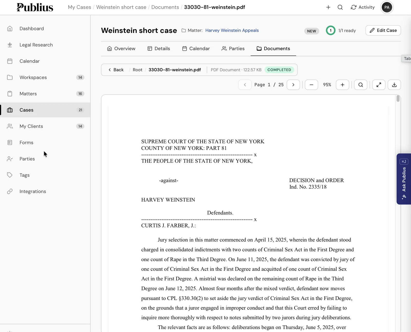 A court decision opened in the Publius document viewer, with page controls, zoom, search and download