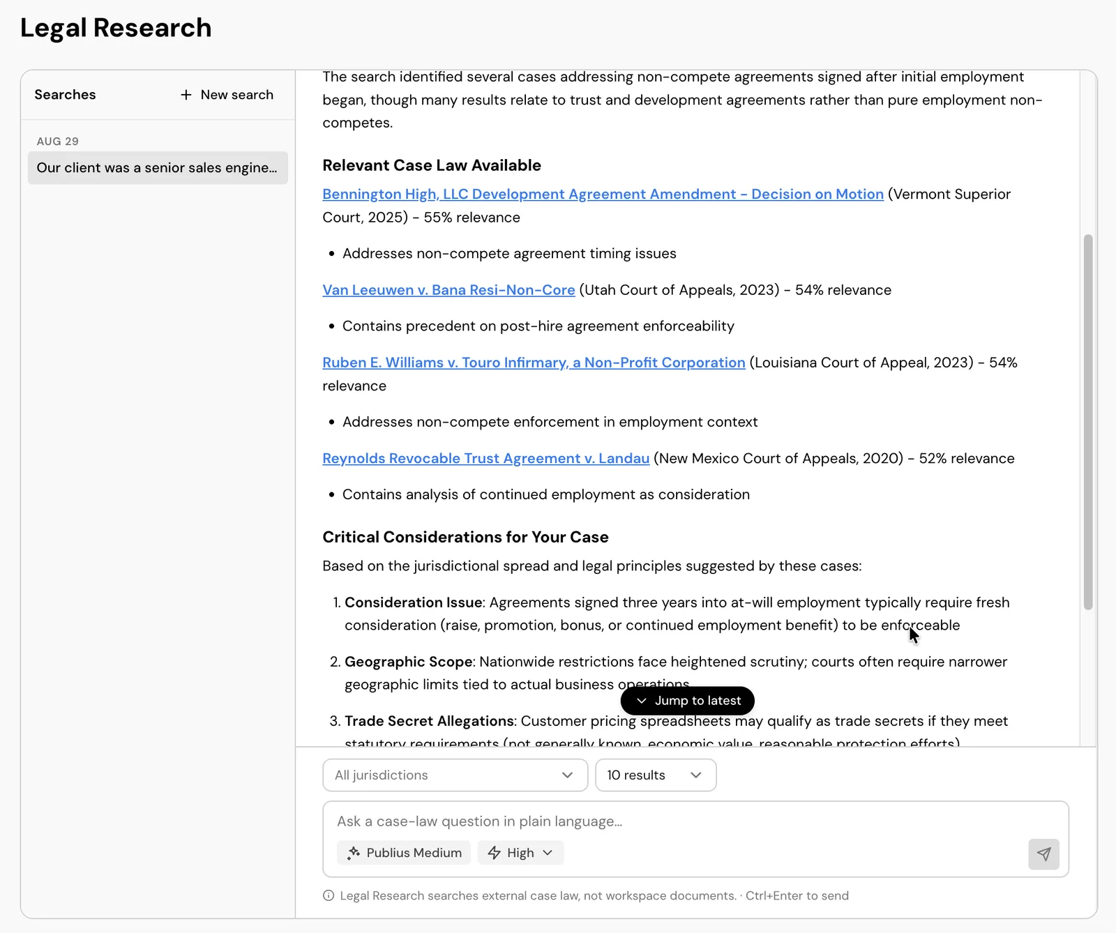 Publius Legal Research: plain-language case-law search with ranked cases and key considerations